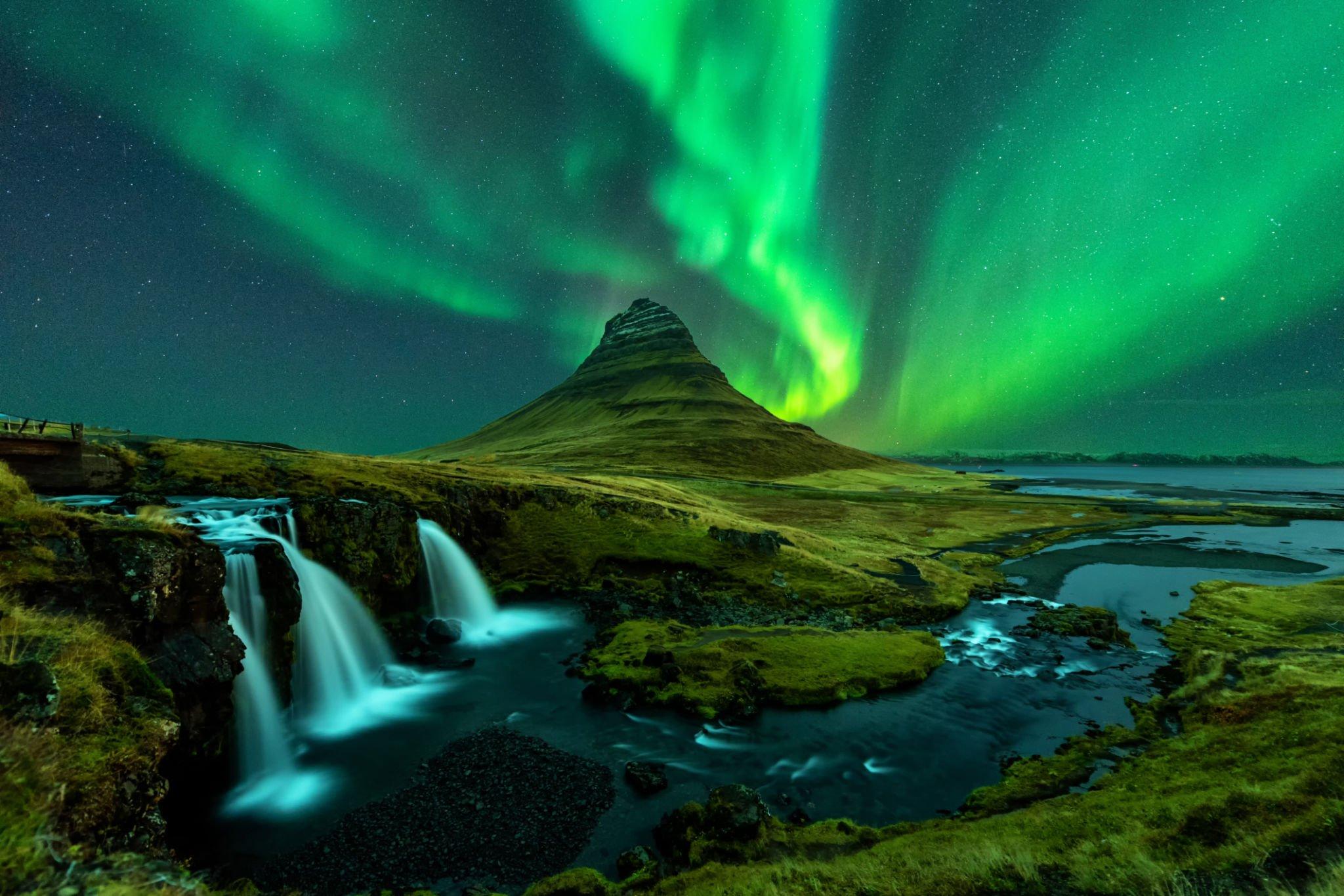 Northern lights appear over Mount Kirkjufell