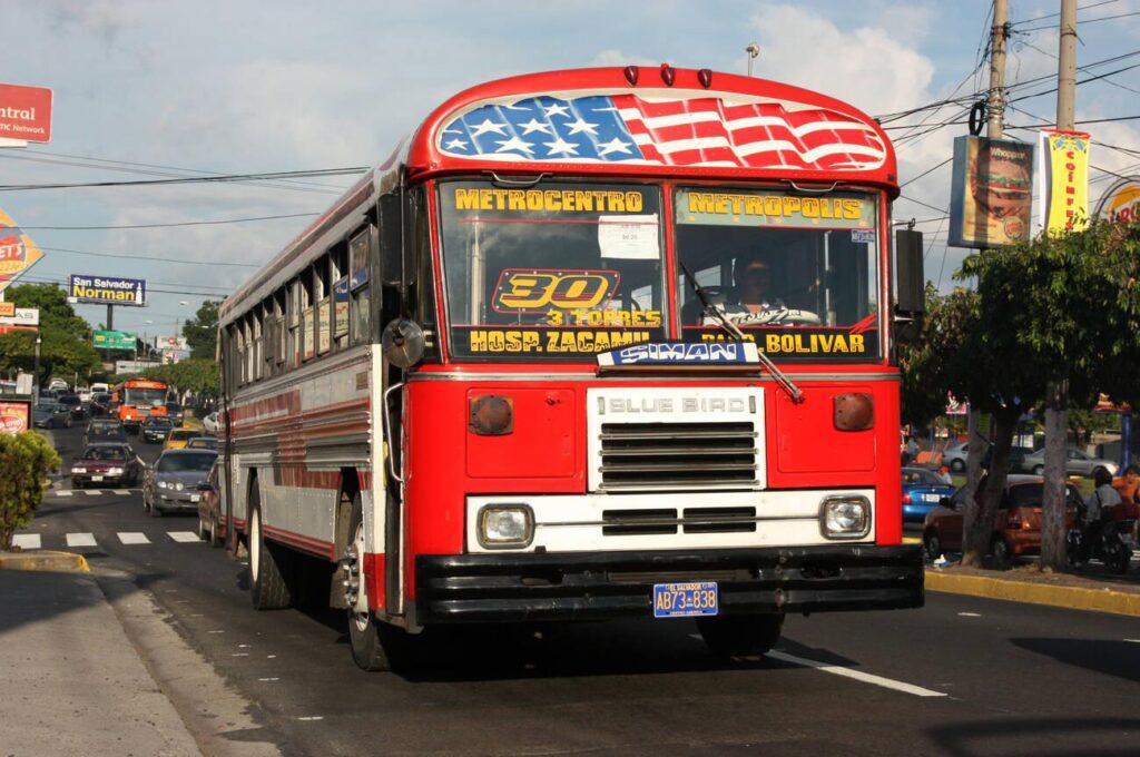 bus on the city streets of San Salvador