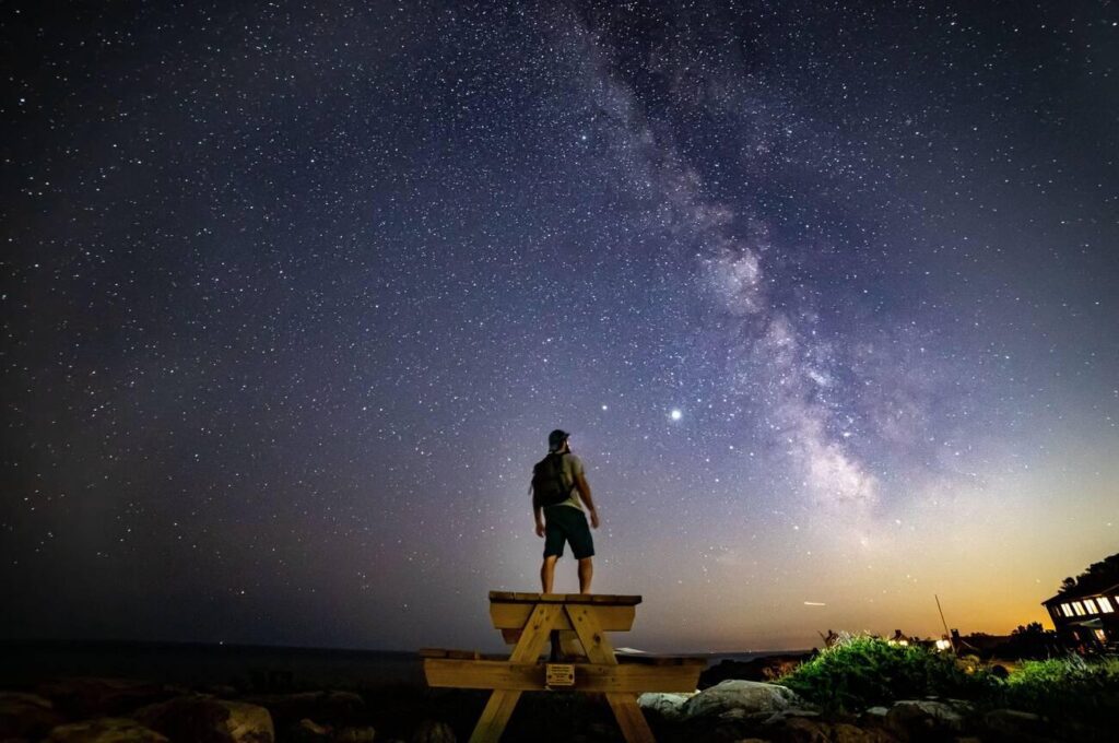 star gazing on a picnic table